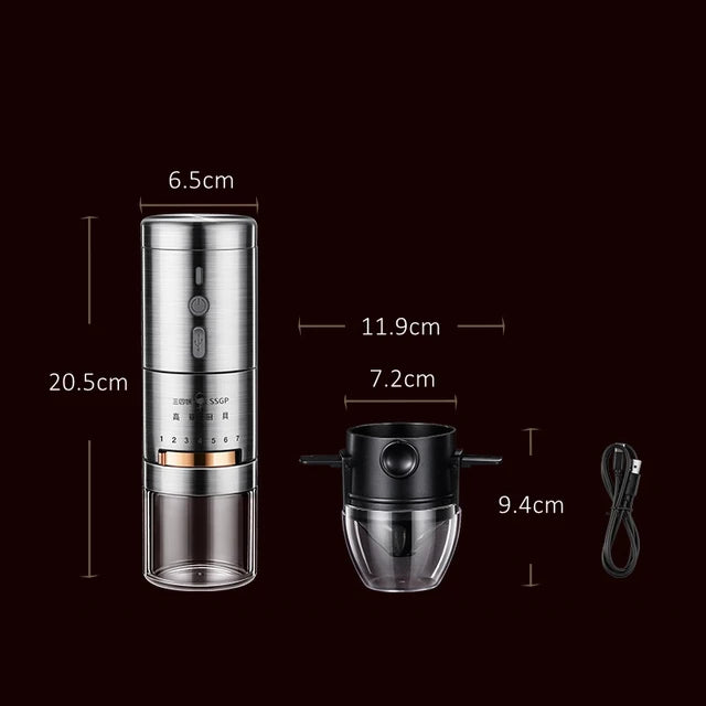 Certificate 304 Stainless Steel Portable Rechargeable Silent 7 Gears Adjustable Office Coffee Bean Grinder with Filter Cup