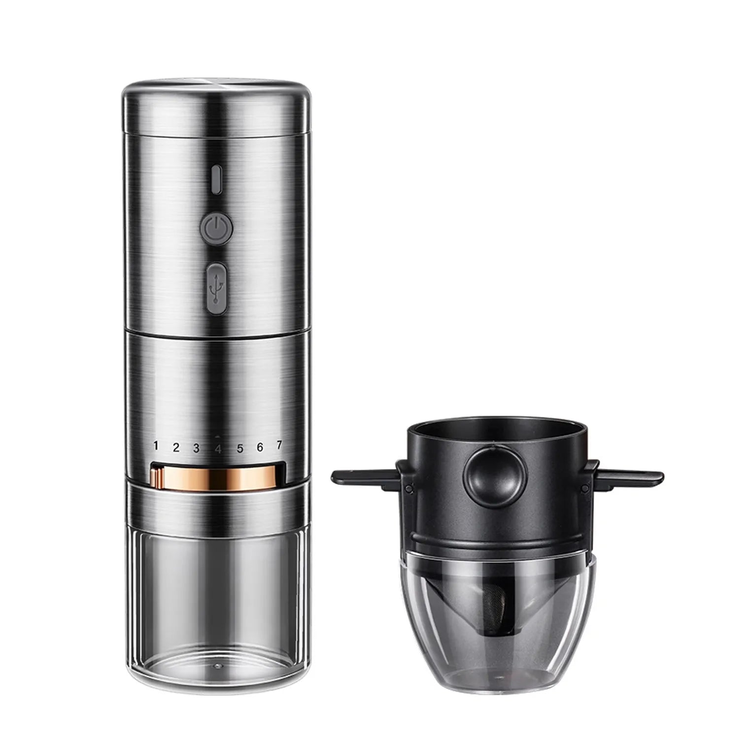 Certificate 304 Stainless Steel Portable Rechargeable Silent 7 Gears Adjustable Office Coffee Bean Grinder with Filter Cup