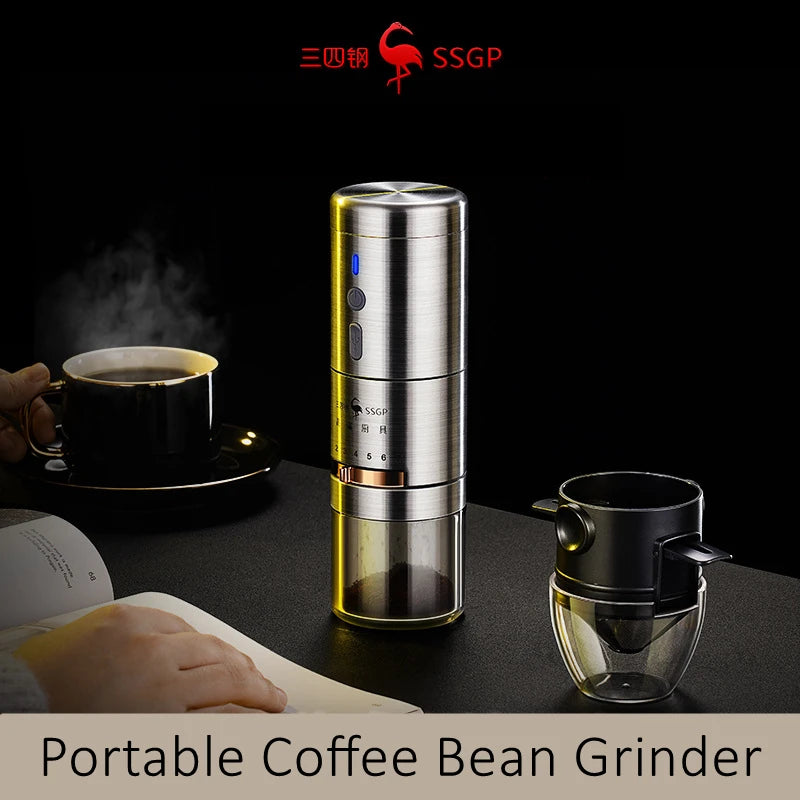 Certificate 304 Stainless Steel Portable Rechargeable Silent 7 Gears Adjustable Office Coffee Bean Grinder with Filter Cup