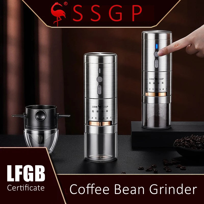 Certificate 304 Stainless Steel Portable Rechargeable Silent 7 Gears Adjustable Office Coffee Bean Grinder with Filter Cup