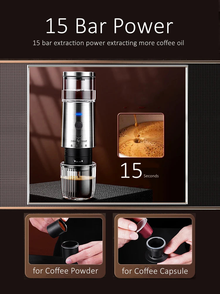 Portable Rechargeable Capsule and Powder Coffee Machine 15Bar